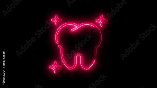 Neon Tooth with Sparkles Dental Health Symbol Bright Pink Glowing Outline on Black Background Medical Sign