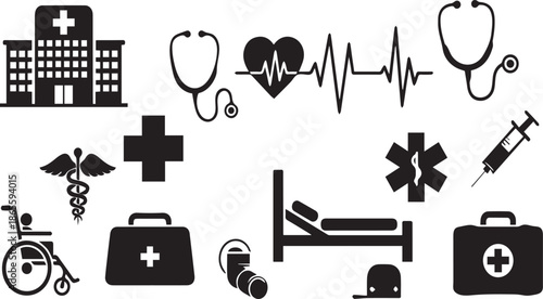 A comprehensive collection of essential medical and healthcare symbols and icons for design
