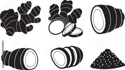 Black and white illustrations of fresh ginger roots, sliced vegetables, and a pile of spice powder