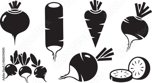 Assortment of healthy root vegetable icons in black silhouette for culinary and farming designs