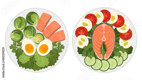 Top view vector illustration of healthy keto diet meals featuring fresh salmon steak, boiled eggs, Brussels sprouts, and cucumber slices arranged on plates for a balanced nutrition concept