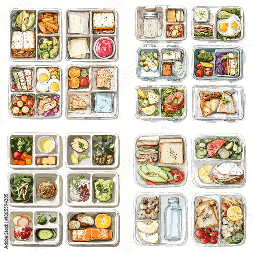 Illustration of assorted lunch boxes with rice vegetables proteins and side dishes ideal for meal prep school office food planning and healthy eating concepts