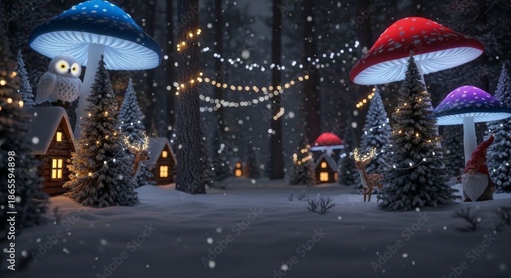 Obraz premium Enchanted Winter Wonderland - A Magical Forest Scene with Glowing Mushrooms.