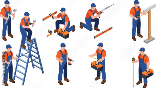 Handyman worker illustration, tool usage, ladder drill, tape measure, spirit level, hedge trimmer, toolbox, isometric vector, construction pose