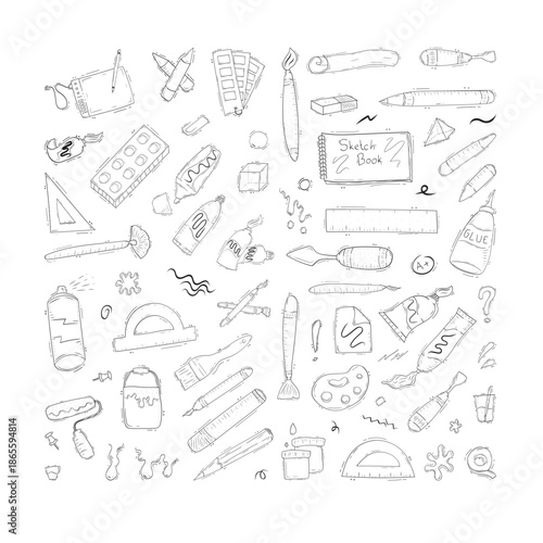 set of artist tool icon in doodle style