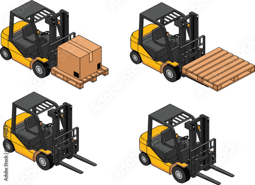 Forklift isometric illustration, pallet lifting, warehouse equipment, cardboard box, empty pallet, black and yellow vehicle, vector sketch