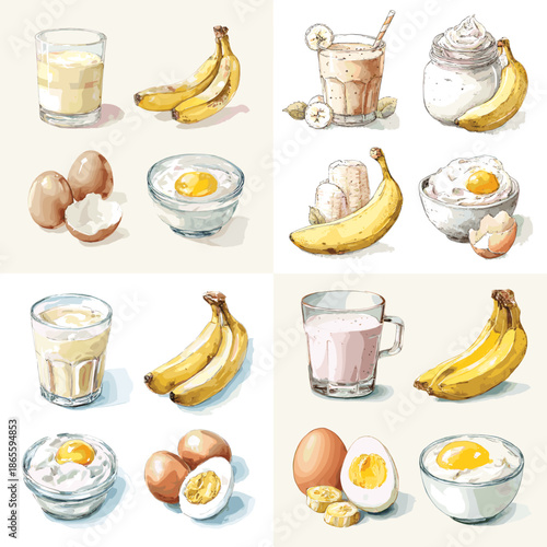 Illustrated collection of bananas eggs and milk in watercolor style representing simple breakfast foods nutrition ingredients and everyday healthy eating concepts