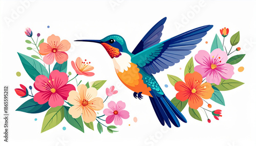 Hummingbird Hovering Near Flowers