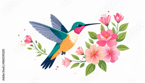 Hummingbird Hovering Near Flowers