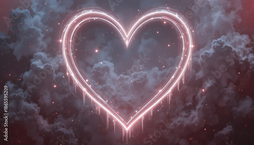 Glowing heart shape in dark cloudy night sky with stars and pink neon light trails with love