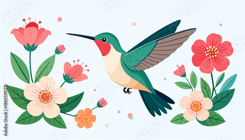 Hummingbird Hovering Near Flowers