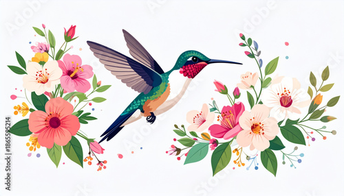 Hummingbird Hovering Near Flowers
