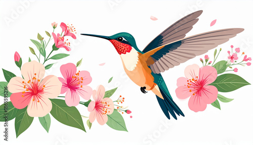 Hummingbird Hovering Near Flowers