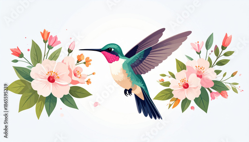Hummingbird Hovering Near Flowers