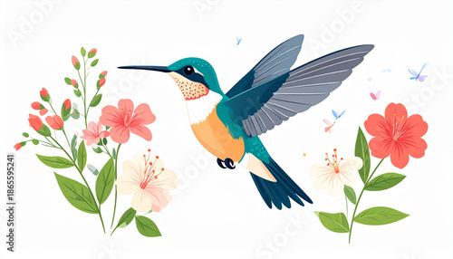 Hummingbird Hovering Near Flowers