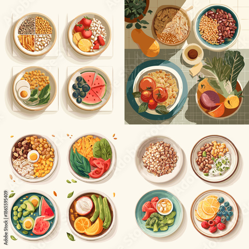 Watercolor illustration of grain and fruit breakfast bowls with eggs and vegetables designed for healthy eating morning routine nutrition and lifestyle content