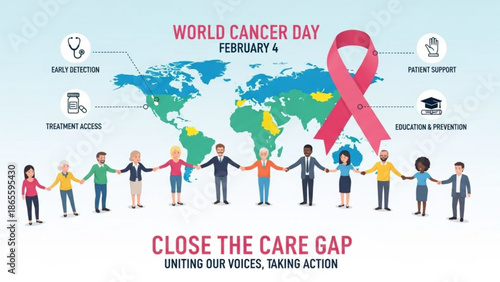 World Cancer Day illustration with diverse people holding hands around a globe promoting awareness and unity for Close the Care Gap campaign