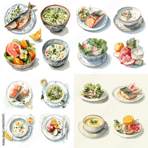 Illustrated assortment of seafood and vegetable bowls in watercolor style perfect for healthy meals restaurant menus culinary culture and balanced diet themes