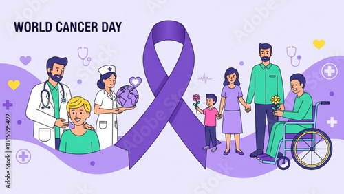 World Cancer Day illustration featuring diverse people medical professionals and a large purple ribbon symbolizing awareness and support for cancer patients