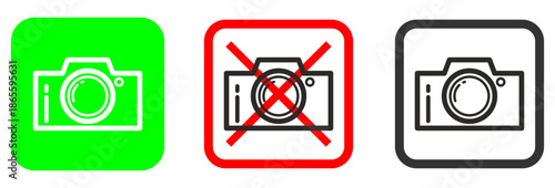 Collection of camera status icons for digital use, showing permitted and restricted photography zones with intuitive green, red, and black color coding
