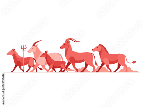 Red Animal Vector with Chinese Culture Trident Symbol
