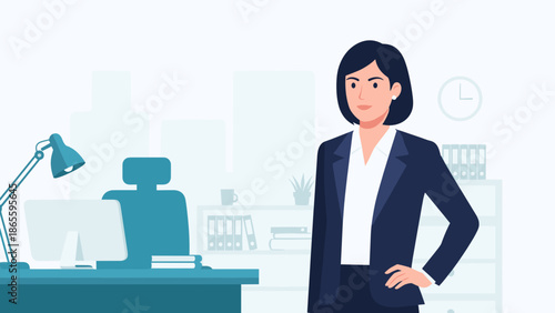 Female Entrepreneur in Office — Three-Quarter View Flat Vector Illustration with Blue and Teal Professional Palette