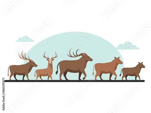 Group of Horned Animals Walking with Blue Sky Background
