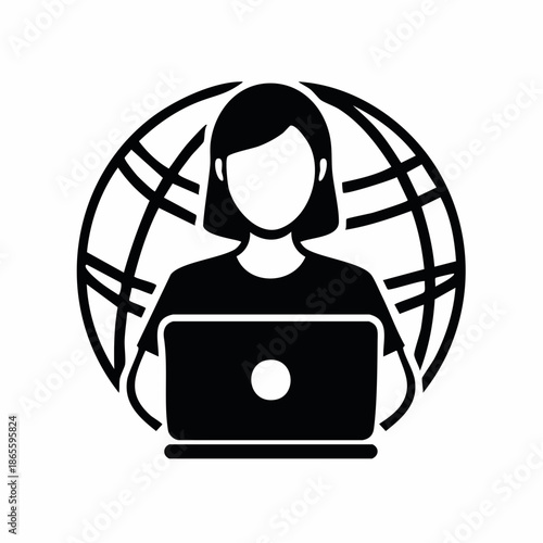 Silhouette icon of a person using a laptop with a globe behind them, representing global connectivity and technology