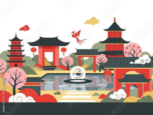 Oriental Garden with White Bridge and Flying Phoenix Bird 