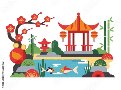 Koi Fish Pond Illustration with Red Pavilion and Cherry Blossom