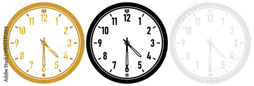 Three realistic wall clock objects in gold black and green showing the same time at 05:30 for variety options