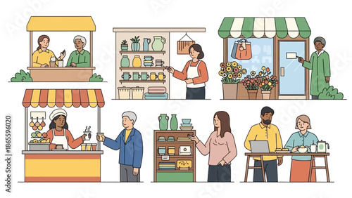 Cartoon People at Various Market Stalls.