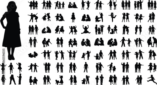 ilhouettes of a Woman Standing Beside a Large Collection of Diverse Children and Toddlers Representing Education Parenting Childhood and Childcare