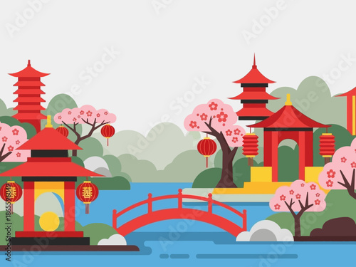 River Landscape with Chinese Pavilion and Pink Flowering Trees 