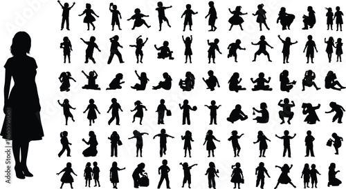 Silhouette of a Woman Standing Beside a Large Diverse Group of Children Playing and Learning Representing Motherhood Education Childcare and Parenting
