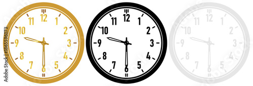 Set of three colorful analog wall clock icons showing half past ten time isolated on a clean white background