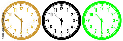 Three identical clocks in different colors gold black and green showing the exact same time of half past ten today