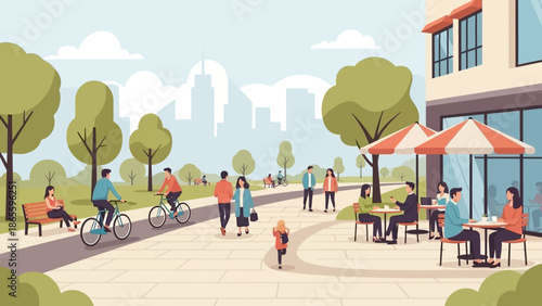 Illustration of People in Urban Outdoor Setting.
