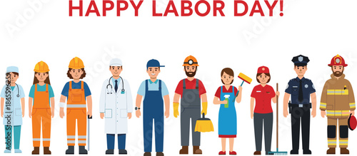Happy Labor Day Illustration Featuring Diverse Professional Workers Set Including Doctor Construction Staff Firefighter Police Officer and Service Industry Employees