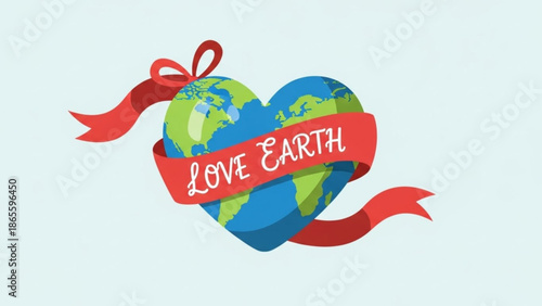 Heart shaped planet Earth with Love Earth ribbon symbolizing environmental care and conservation flat vector illustration