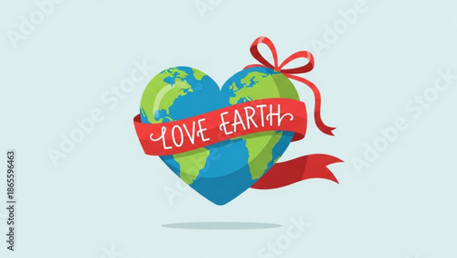 Heart shaped planet Earth with Love Earth ribbon and bow concept for environmental protection and global care isolated on light blue background
