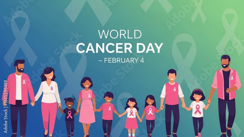 World Cancer Day illustration with diverse families holding hands pink ribbons symbolizing awareness and support for February 4th campaigns