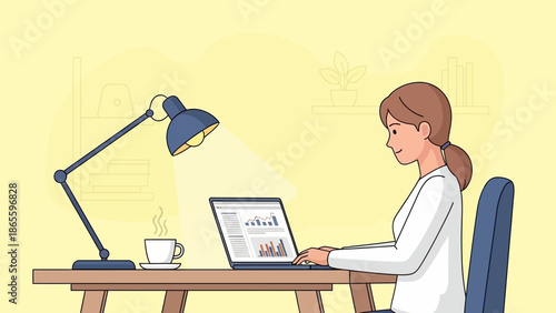 Woman Working on Laptop at Desk.