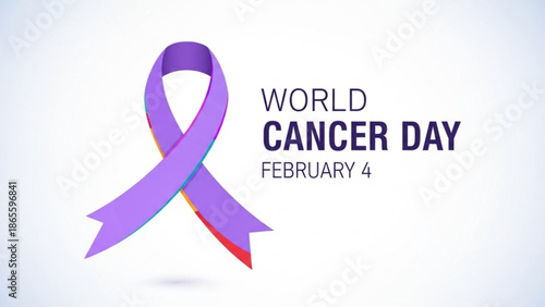 Purple ribbon for World Cancer Day February 4 symbolizing awareness and support for cancer patients isolated on white background