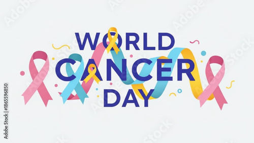 World Cancer Day illustration with colorful ribbons and confetti a symbol of awareness and hope for a cure isolated on white background