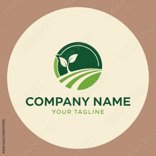 Green sprout growing in a circular farm field logo.