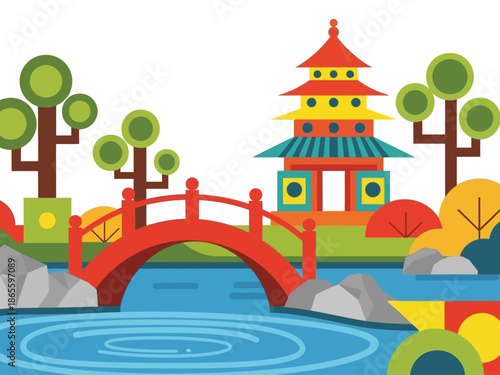 Pagoda and Red Bridge Scenery in Flat Design Style