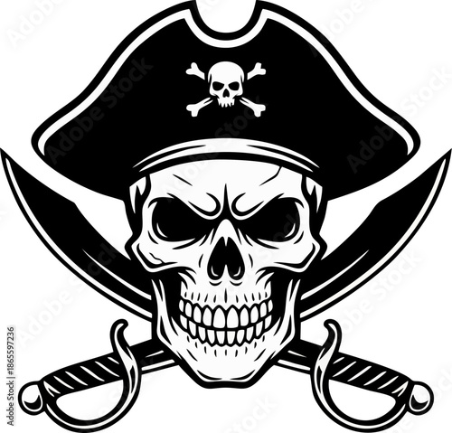 Pirate Skull Logo with Crossed Swords – Black and White Vector Emblem
