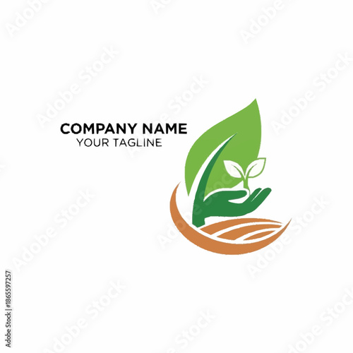 Green hand holding a plant logo for environmental protection and nature.