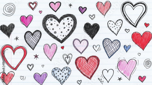 A colorful collection of hand drawn hearts and stars in various styles and patterns on white background
